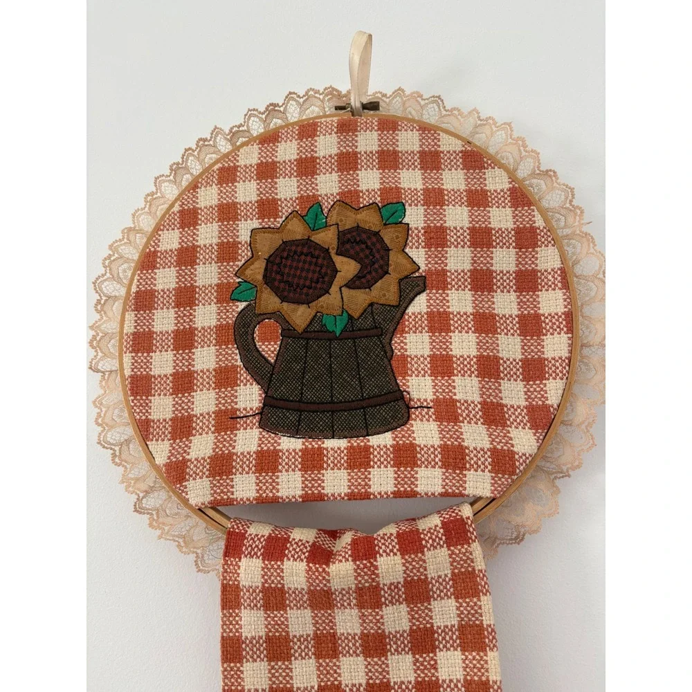 Handmade Sunflower Gingham Kitchen Towel Holder Set Orange Lace Trim Farmhouse